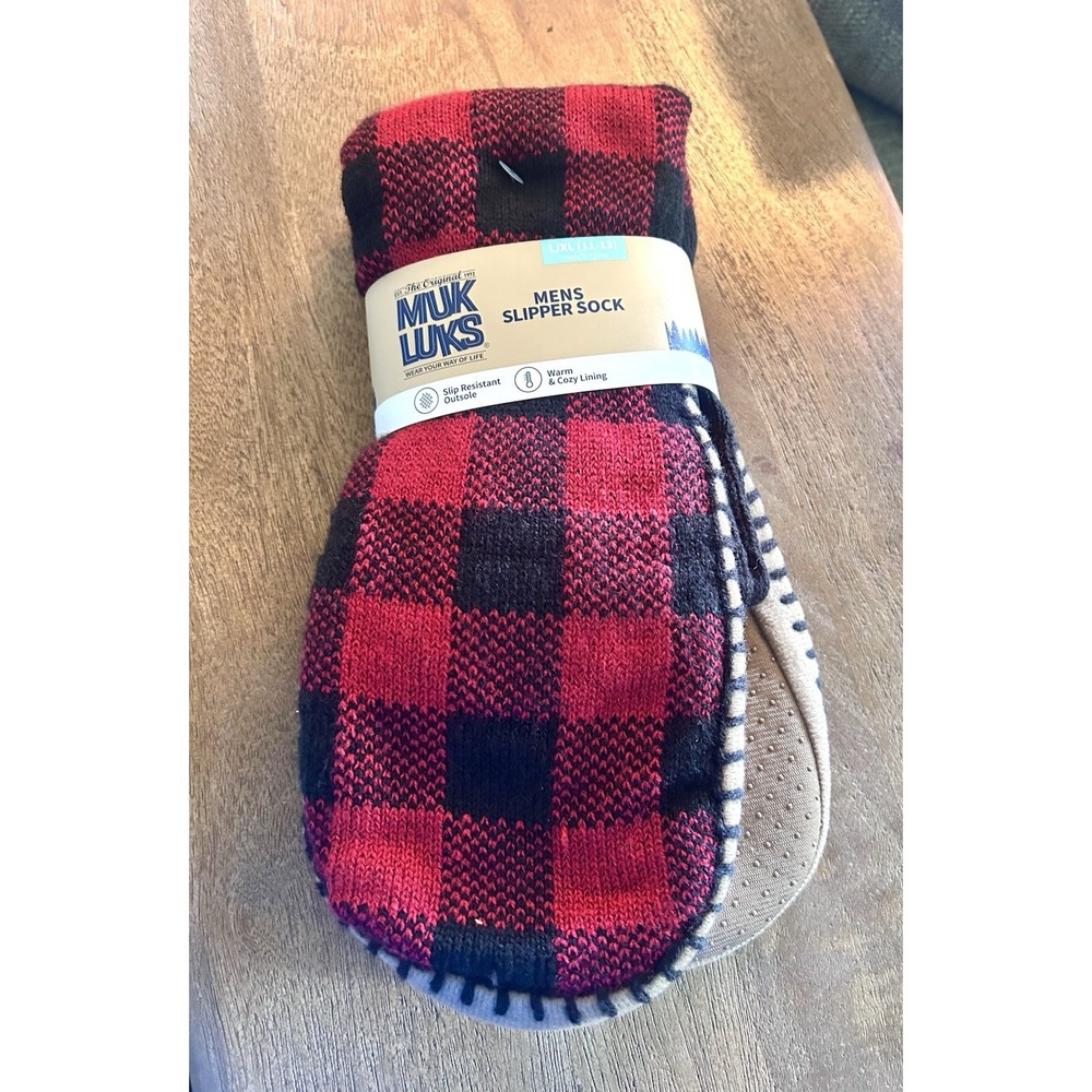 Muk Luks Slipper Sock Men L XL Size 11 13 Red Plaid Warm Slip Resistant Cozy NWT